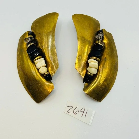 VTG Brutalist Brass Earrings Textured runway statement Pierced Modernist Artisan - Picture 5 of 5